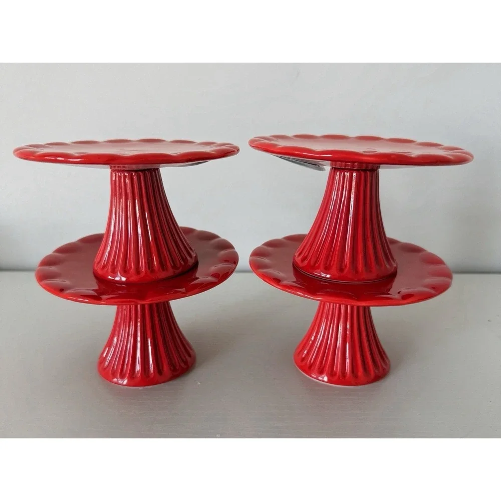 Lot (4) Christmas Mini Cupcake Stand Red Pedestal Dessert Tray Set Ceramic New